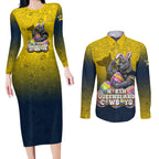 Personalized North Queensland Cowboys Couples Matching Long Sleeve Bodycon Dress and Long Sleeve Button Shirt Easter Mascot - Colorful Eggs Cartoon Style