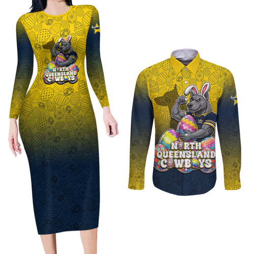 Personalized North Queensland Cowboys Couples Matching Long Sleeve Bodycon Dress and Long Sleeve Button Shirt Easter Mascot - Colorful Eggs Cartoon Style