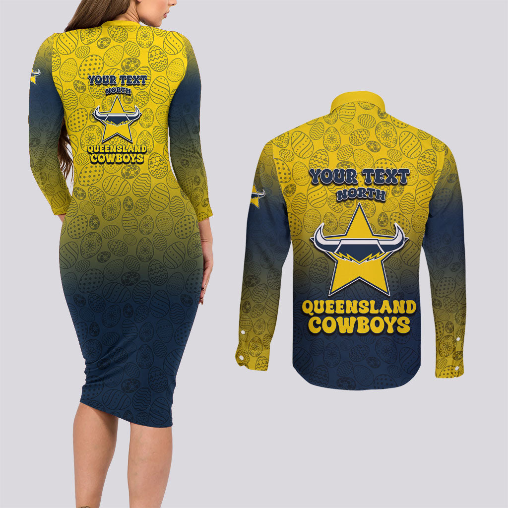 Personalized North Queensland Cowboys Couples Matching Long Sleeve Bodycon Dress and Long Sleeve Button Shirt Easter Mascot - Colorful Eggs Cartoon Style