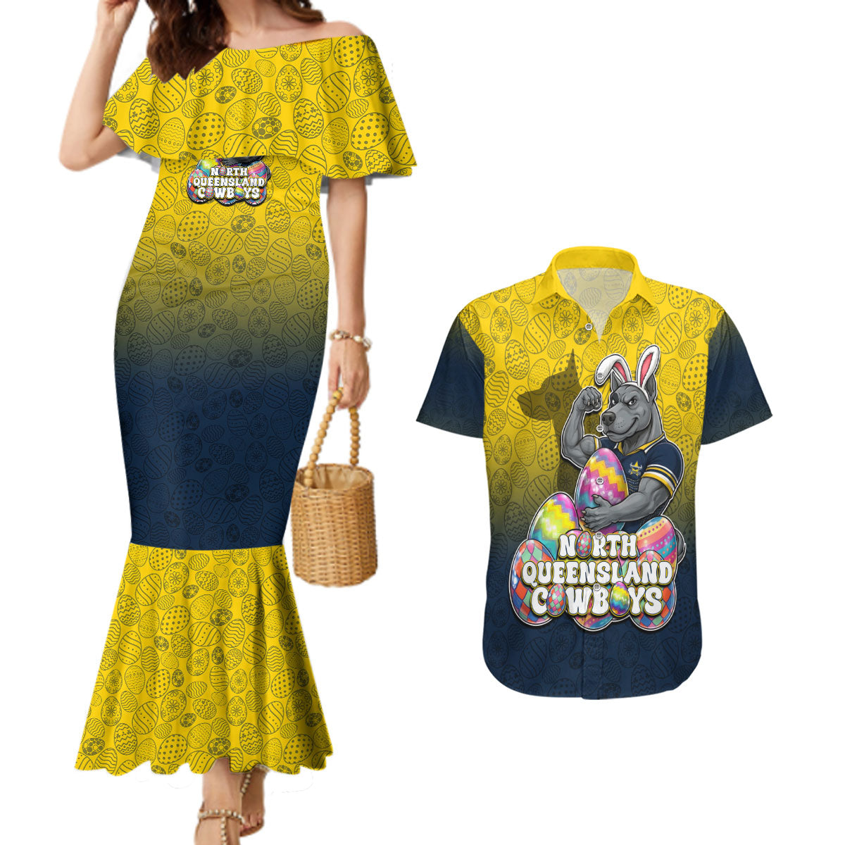 Personalized North Queensland Cowboys Couples Matching Mermaid Dress and Hawaiian Shirt Easter Mascot - Colorful Eggs Cartoon Style