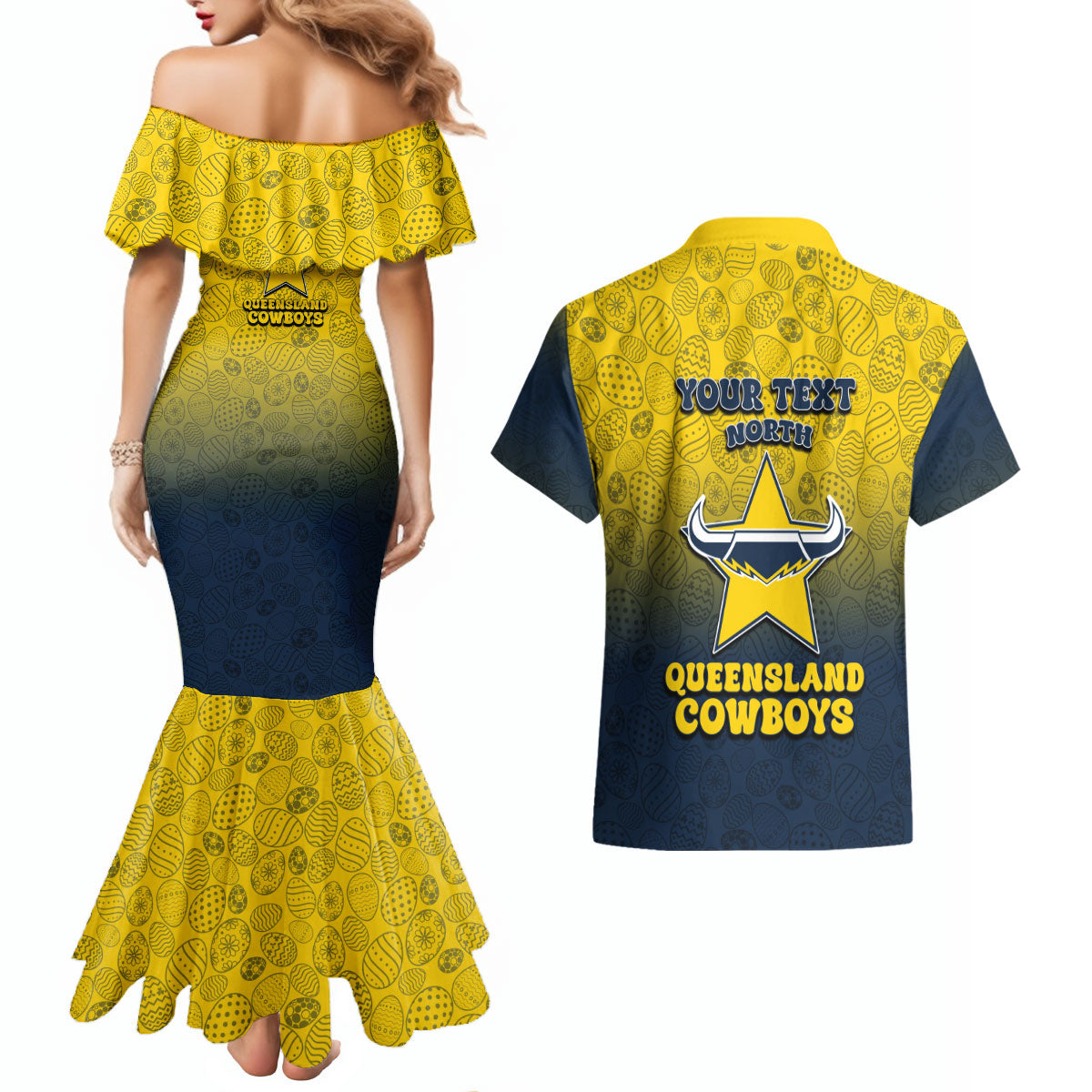 Personalized North Queensland Cowboys Couples Matching Mermaid Dress and Hawaiian Shirt Easter Mascot - Colorful Eggs Cartoon Style