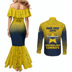 Personalized North Queensland Cowboys Couples Matching Mermaid Dress and Long Sleeve Button Shirt Easter Mascot - Colorful Eggs Cartoon Style