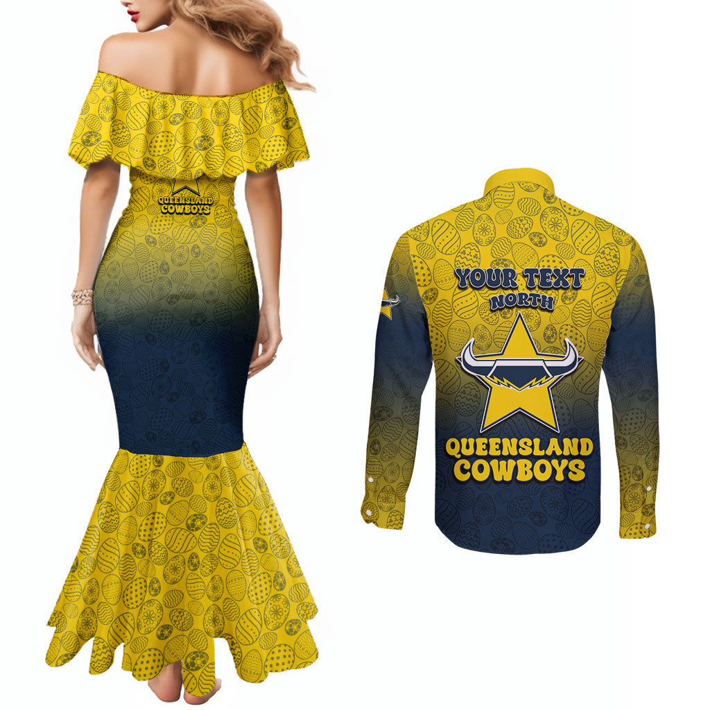 Personalized North Queensland Cowboys Couples Matching Mermaid Dress and Long Sleeve Button Shirt Easter Mascot - Colorful Eggs Cartoon Style