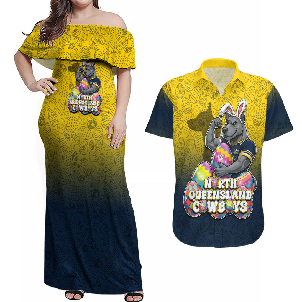 Personalized North Queensland Cowboys Couples Matching Off Shoulder Maxi Dress and Hawaiian Shirt Easter Mascot - Colorful Eggs Cartoon Style