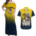 Personalized North Queensland Cowboys Couples Matching Off Shoulder Maxi Dress and Hawaiian Shirt Easter Mascot - Colorful Eggs Cartoon Style