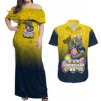 Personalized North Queensland Cowboys Couples Matching Off Shoulder Maxi Dress and Hawaiian Shirt Easter Mascot - Colorful Eggs Cartoon Style