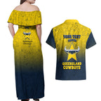 Personalized North Queensland Cowboys Couples Matching Off Shoulder Maxi Dress and Hawaiian Shirt Easter Mascot - Colorful Eggs Cartoon Style