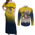 Personalized North Queensland Cowboys Couples Matching Off Shoulder Maxi Dress and Long Sleeve Button Shirt Easter Mascot - Colorful Eggs Cartoon Style