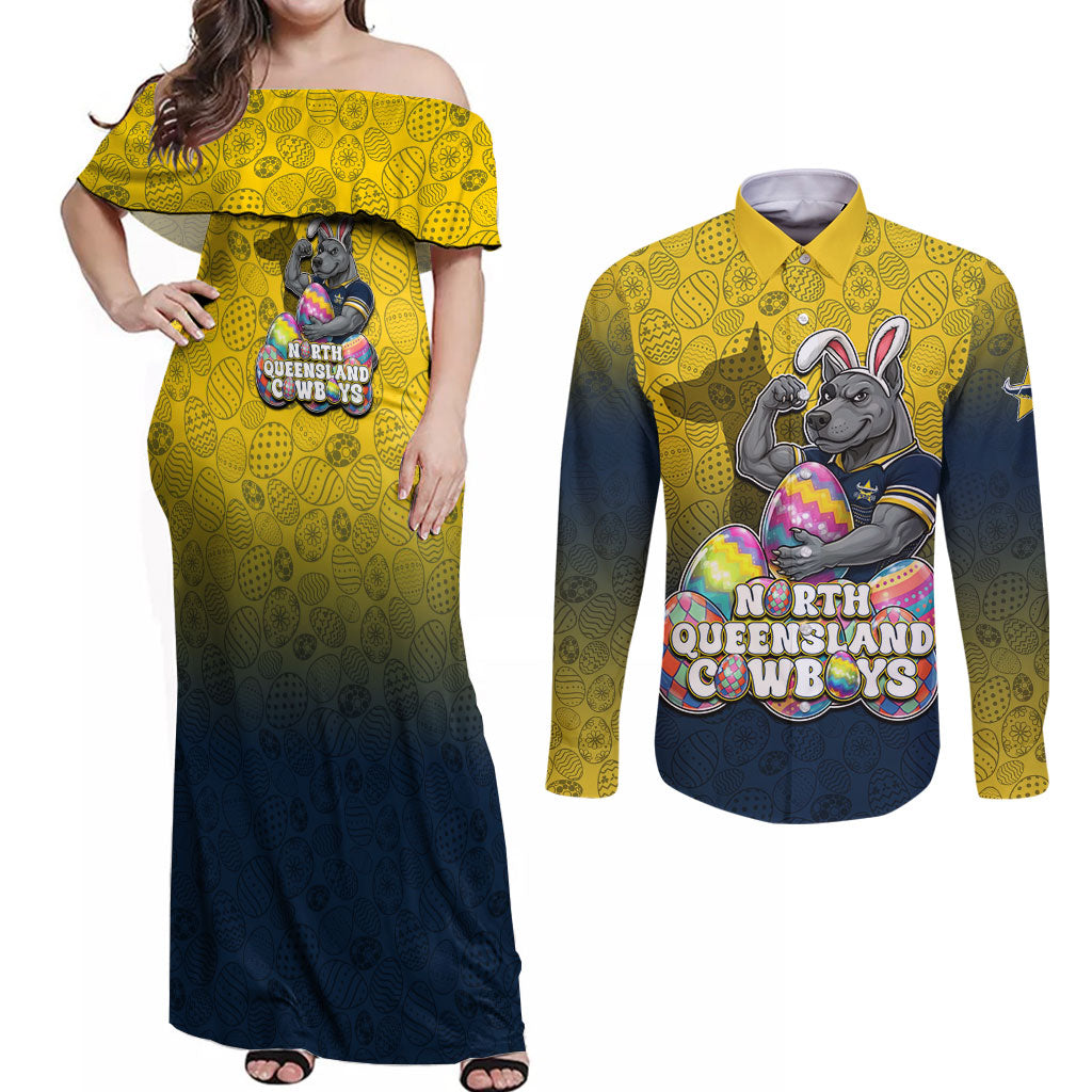 Personalized North Queensland Cowboys Couples Matching Off Shoulder Maxi Dress and Long Sleeve Button Shirt Easter Mascot - Colorful Eggs Cartoon Style