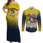 Personalized North Queensland Cowboys Couples Matching Off Shoulder Maxi Dress and Long Sleeve Button Shirt Easter Mascot - Colorful Eggs Cartoon Style