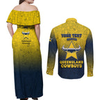 Personalized North Queensland Cowboys Couples Matching Off Shoulder Maxi Dress and Long Sleeve Button Shirt Easter Mascot - Colorful Eggs Cartoon Style