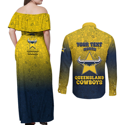 Personalized North Queensland Cowboys Couples Matching Off Shoulder Maxi Dress and Long Sleeve Button Shirt Easter Mascot - Colorful Eggs Cartoon Style