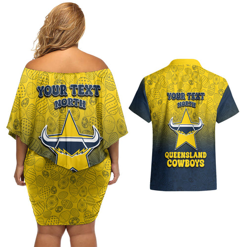 Personalized North Queensland Cowboys Couples Matching Off Shoulder Short Dress and Hawaiian Shirt Easter Mascot - Colorful Eggs Cartoon Style