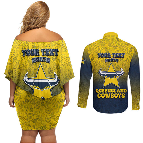 Personalized North Queensland Cowboys Couples Matching Off Shoulder Short Dress and Long Sleeve Button Shirt Easter Mascot - Colorful Eggs Cartoon Style