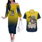 Personalized North Queensland Cowboys Couples Matching Off The Shoulder Long Sleeve Dress and Hawaiian Shirt Easter Mascot - Colorful Eggs Cartoon Style
