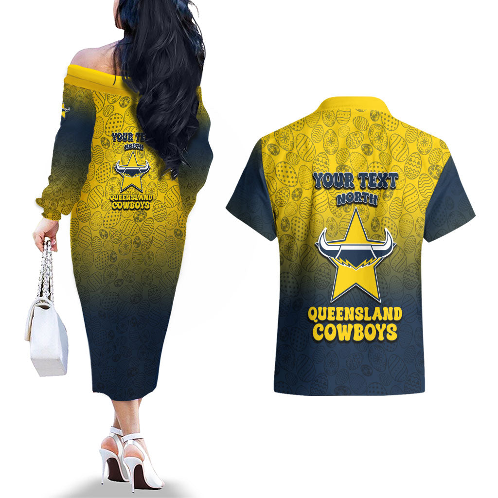 Personalized North Queensland Cowboys Couples Matching Off The Shoulder Long Sleeve Dress and Hawaiian Shirt Easter Mascot - Colorful Eggs Cartoon Style