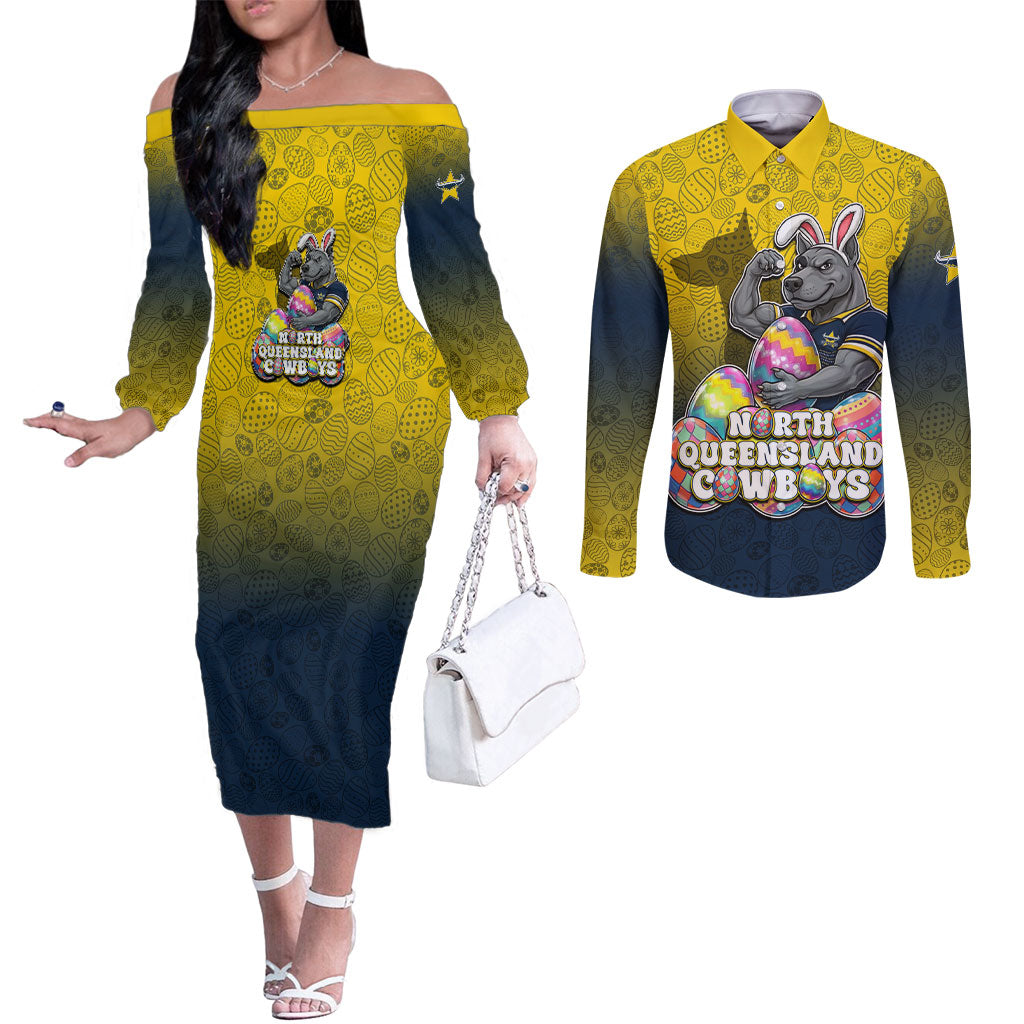 Personalized North Queensland Cowboys Couples Matching Off The Shoulder Long Sleeve Dress and Long Sleeve Button Shirt Easter Mascot - Colorful Eggs Cartoon Style