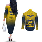 Personalized North Queensland Cowboys Couples Matching Off The Shoulder Long Sleeve Dress and Long Sleeve Button Shirt Easter Mascot - Colorful Eggs Cartoon Style