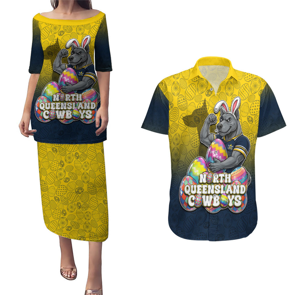 Personalized North Queensland Cowboys Couples Matching Puletasi and Hawaiian Shirt Easter Mascot - Colorful Eggs Cartoon Style