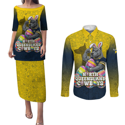 Personalized North Queensland Cowboys Couples Matching Puletasi and Long Sleeve Button Shirt Easter Mascot - Colorful Eggs Cartoon Style
