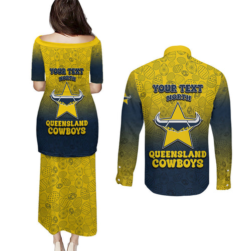 Personalized North Queensland Cowboys Couples Matching Puletasi and Long Sleeve Button Shirt Easter Mascot - Colorful Eggs Cartoon Style