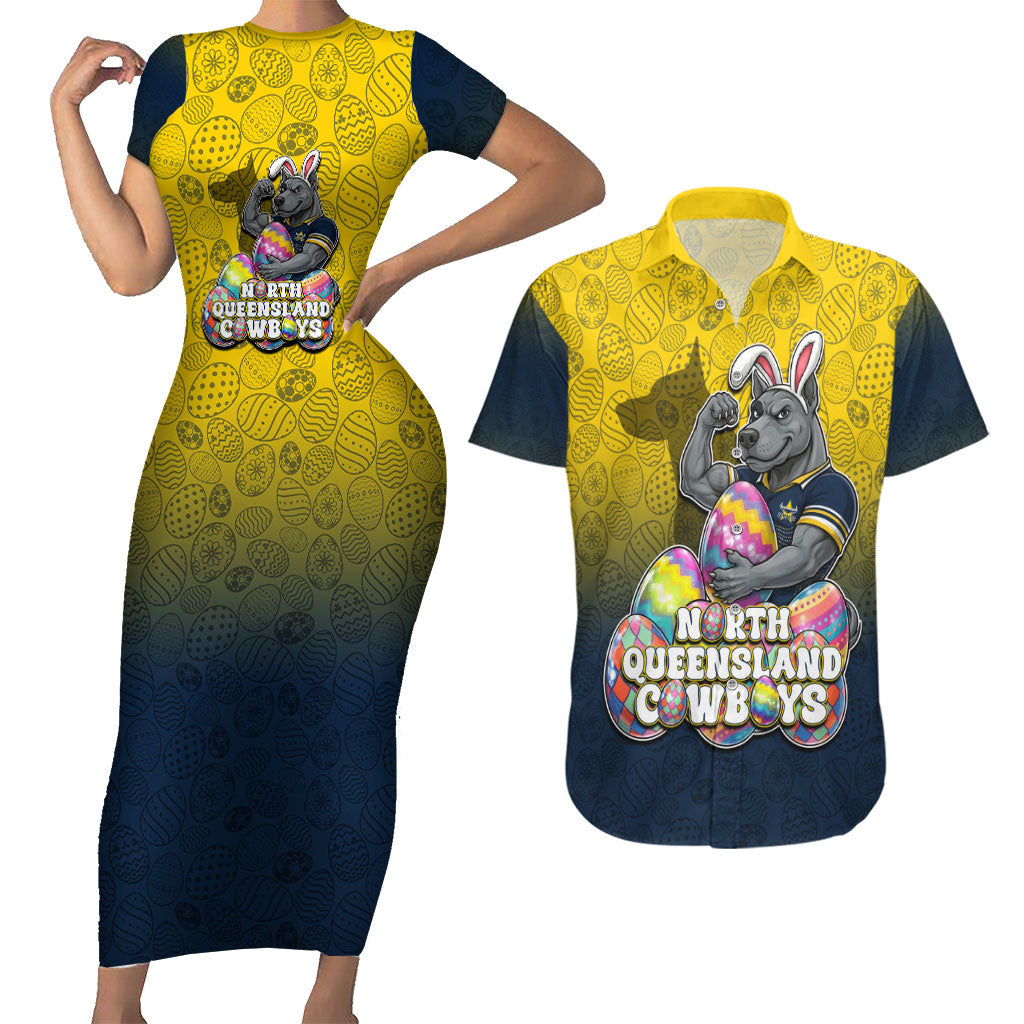 Personalized North Queensland Cowboys Couples Matching Short Sleeve Bodycon Dress and Hawaiian Shirt Easter Mascot - Colorful Eggs Cartoon Style