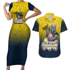 Personalized North Queensland Cowboys Couples Matching Short Sleeve Bodycon Dress and Hawaiian Shirt Easter Mascot - Colorful Eggs Cartoon Style