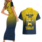 Personalized North Queensland Cowboys Couples Matching Short Sleeve Bodycon Dress and Hawaiian Shirt Easter Mascot - Colorful Eggs Cartoon Style