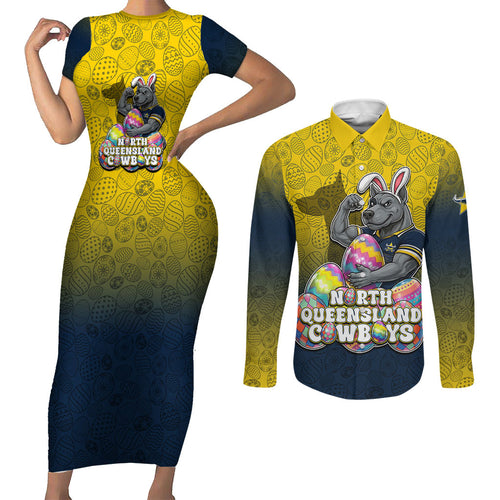 Personalized North Queensland Cowboys Couples Matching Short Sleeve Bodycon Dress and Long Sleeve Button Shirt Easter Mascot - Colorful Eggs Cartoon Style