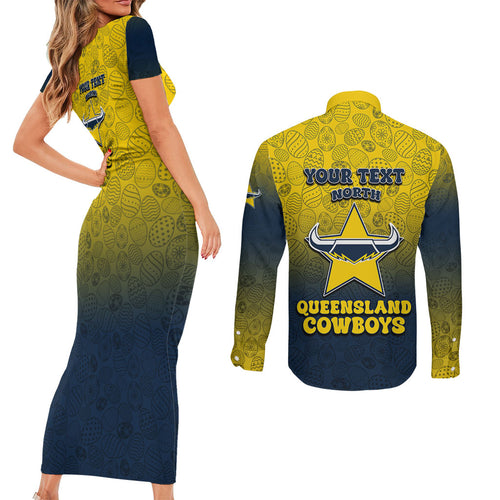 Personalized North Queensland Cowboys Couples Matching Short Sleeve Bodycon Dress and Long Sleeve Button Shirt Easter Mascot - Colorful Eggs Cartoon Style