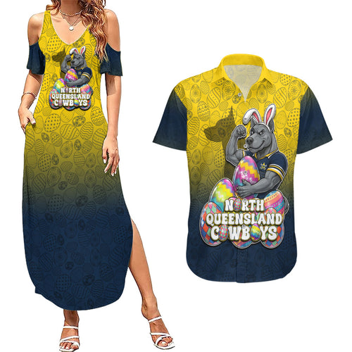 Personalized North Queensland Cowboys Couples Matching Summer Maxi Dress and Hawaiian Shirt Easter Mascot - Colorful Eggs Cartoon Style