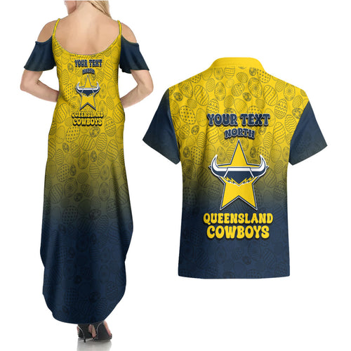 Personalized North Queensland Cowboys Couples Matching Summer Maxi Dress and Hawaiian Shirt Easter Mascot - Colorful Eggs Cartoon Style