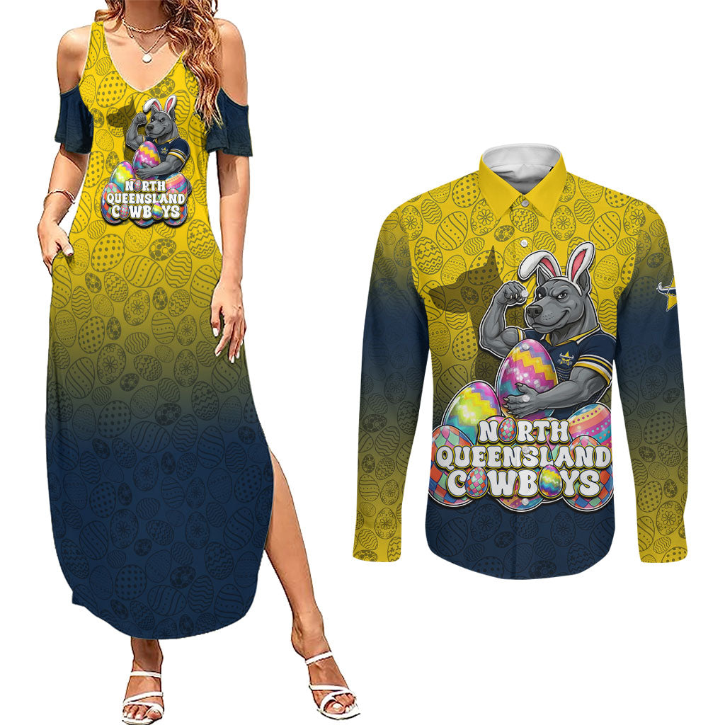 Personalized North Queensland Cowboys Couples Matching Summer Maxi Dress and Long Sleeve Button Shirt Easter Mascot - Colorful Eggs Cartoon Style