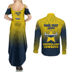 Personalized North Queensland Cowboys Couples Matching Summer Maxi Dress and Long Sleeve Button Shirt Easter Mascot - Colorful Eggs Cartoon Style