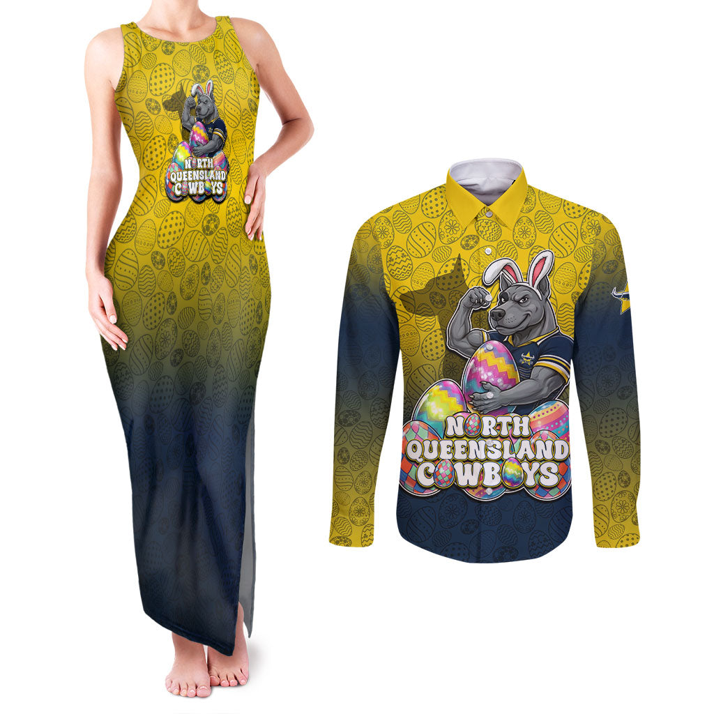 Personalized North Queensland Cowboys Couples Matching Tank Maxi Dress and Long Sleeve Button Shirt Easter Mascot - Colorful Eggs Cartoon Style
