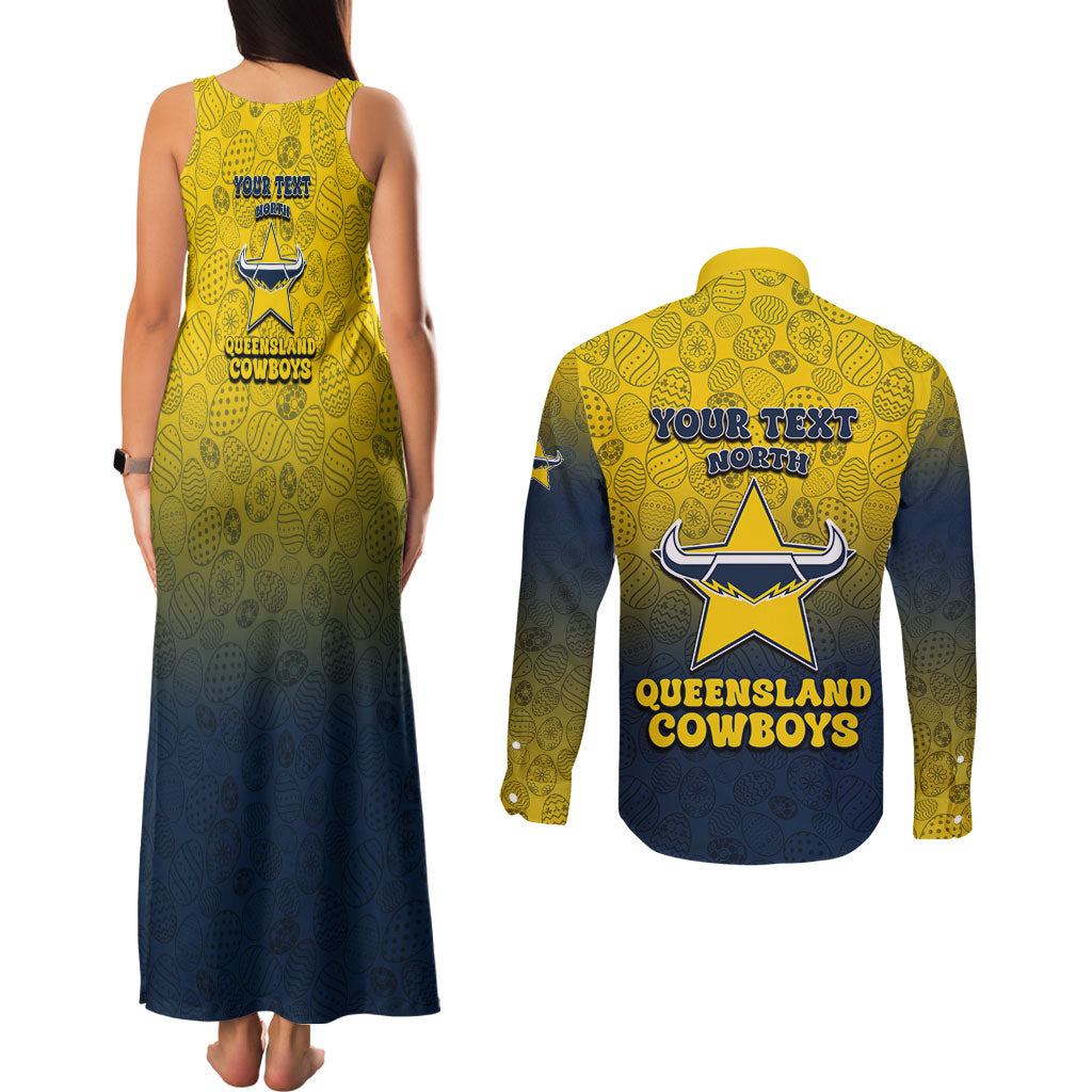 Personalized North Queensland Cowboys Couples Matching Tank Maxi Dress and Long Sleeve Button Shirt Easter Mascot - Colorful Eggs Cartoon Style