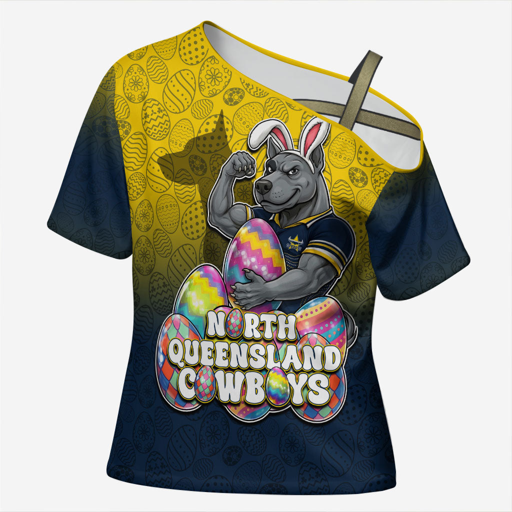 Personalized North Queensland Cowboys Cross Shoulder Shirt Easter Mascot - Colorful Eggs Cartoon Style