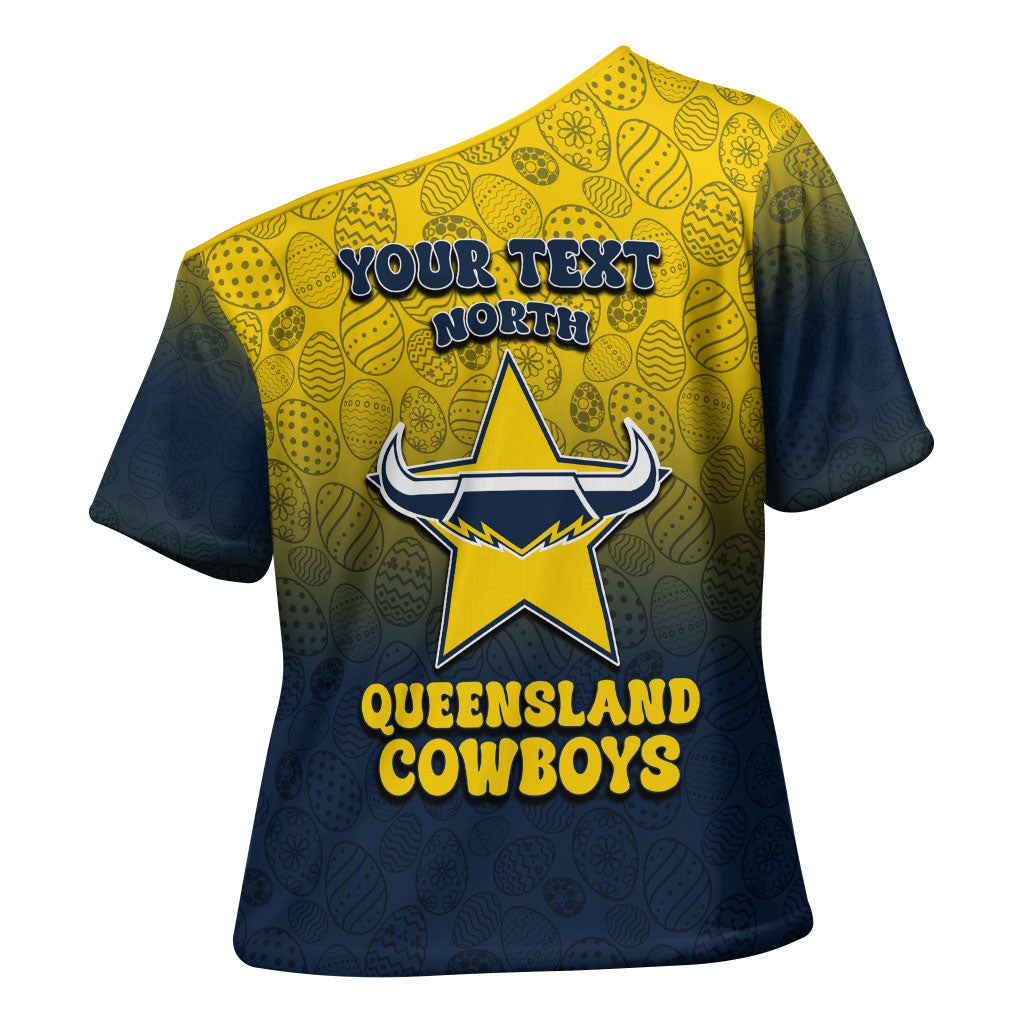 Personalized North Queensland Cowboys Cross Shoulder Shirt Easter Mascot - Colorful Eggs Cartoon Style