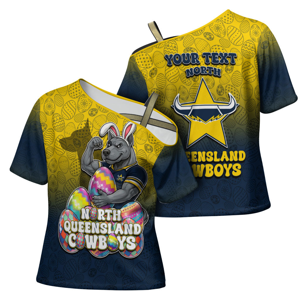 Personalized North Queensland Cowboys Cross Shoulder Shirt Easter Mascot - Colorful Eggs Cartoon Style
