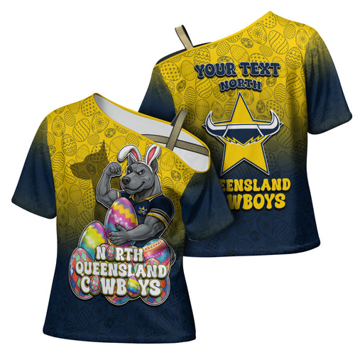 Personalized North Queensland Cowboys Cross Shoulder Shirt Easter Mascot - Colorful Eggs Cartoon Style