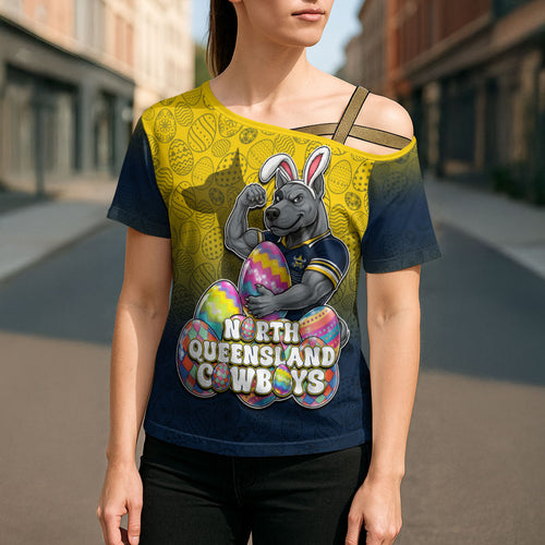 Personalized North Queensland Cowboys Cross Shoulder Shirt Easter Mascot - Colorful Eggs Cartoon Style