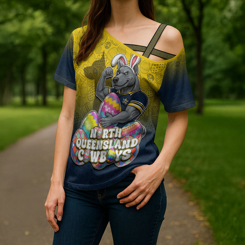 Personalized North Queensland Cowboys Cross Shoulder Shirt Easter Mascot - Colorful Eggs Cartoon Style