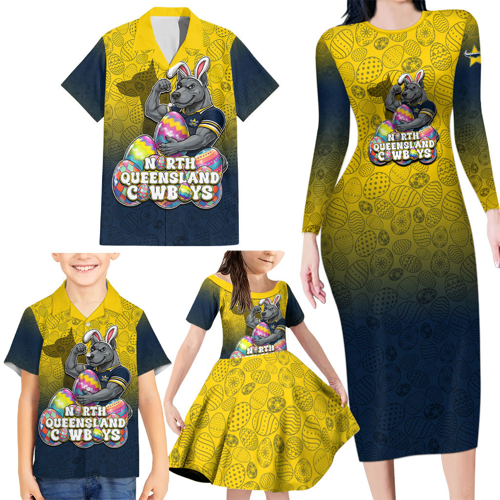 Personalized North Queensland Cowboys Family Matching Long Sleeve Bodycon Dress and Hawaiian Shirt Easter Mascot - Colorful Eggs Cartoon Style