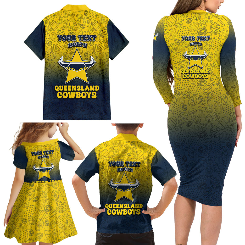 Personalized North Queensland Cowboys Family Matching Long Sleeve Bodycon Dress and Hawaiian Shirt Easter Mascot - Colorful Eggs Cartoon Style