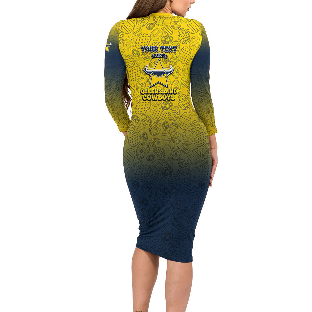 Personalized North Queensland Cowboys Family Matching Long Sleeve Bodycon Dress and Hawaiian Shirt Easter Mascot - Colorful Eggs Cartoon Style