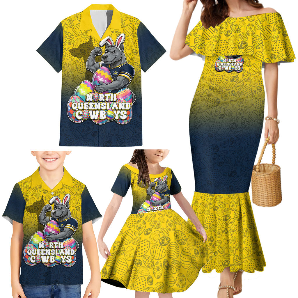 Personalized North Queensland Cowboys Family Matching Mermaid Dress and Hawaiian Shirt Easter Mascot - Colorful Eggs Cartoon Style