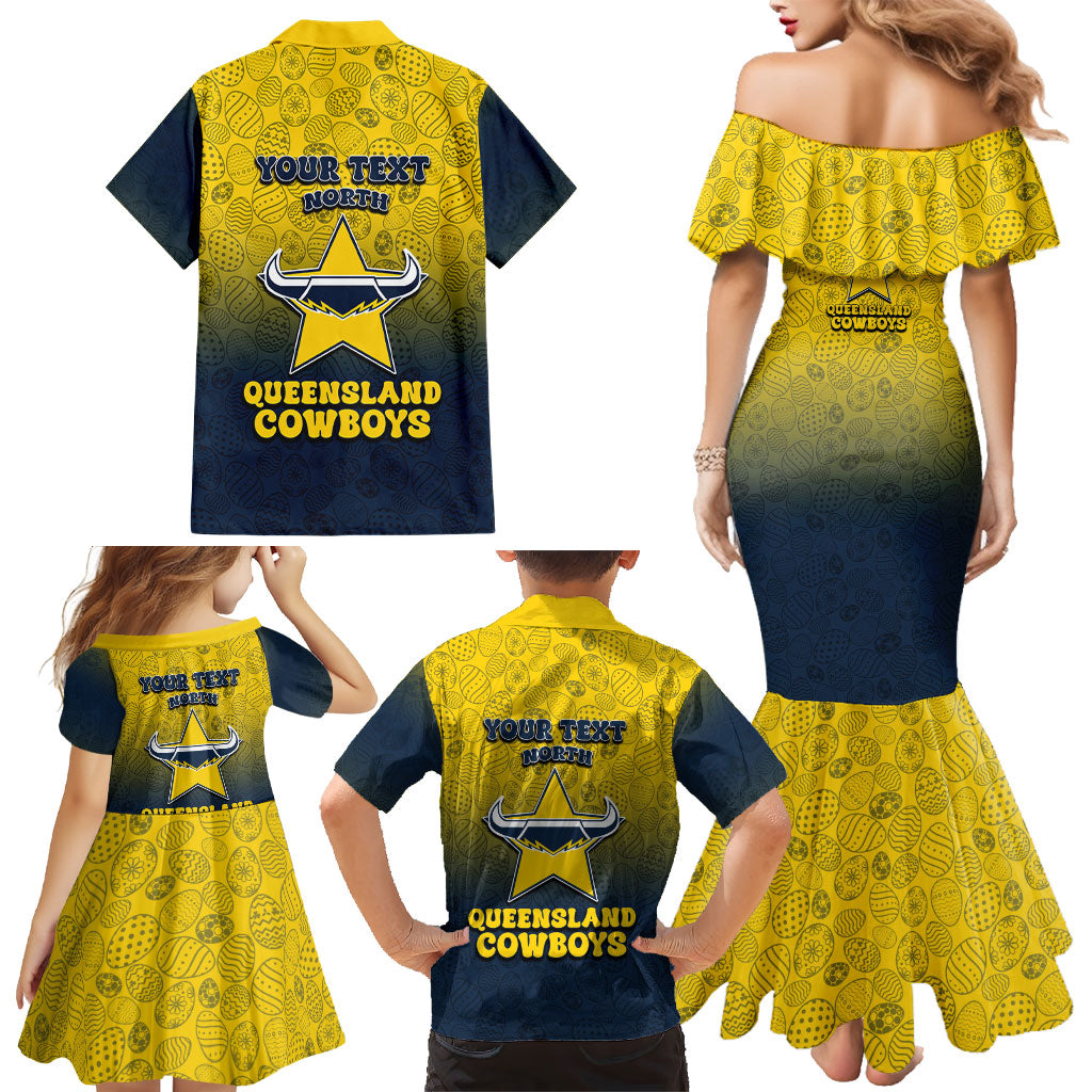 Personalized North Queensland Cowboys Family Matching Mermaid Dress and Hawaiian Shirt Easter Mascot - Colorful Eggs Cartoon Style