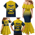 Personalized North Queensland Cowboys Family Matching Mermaid Dress and Hawaiian Shirt Easter Mascot - Colorful Eggs Cartoon Style
