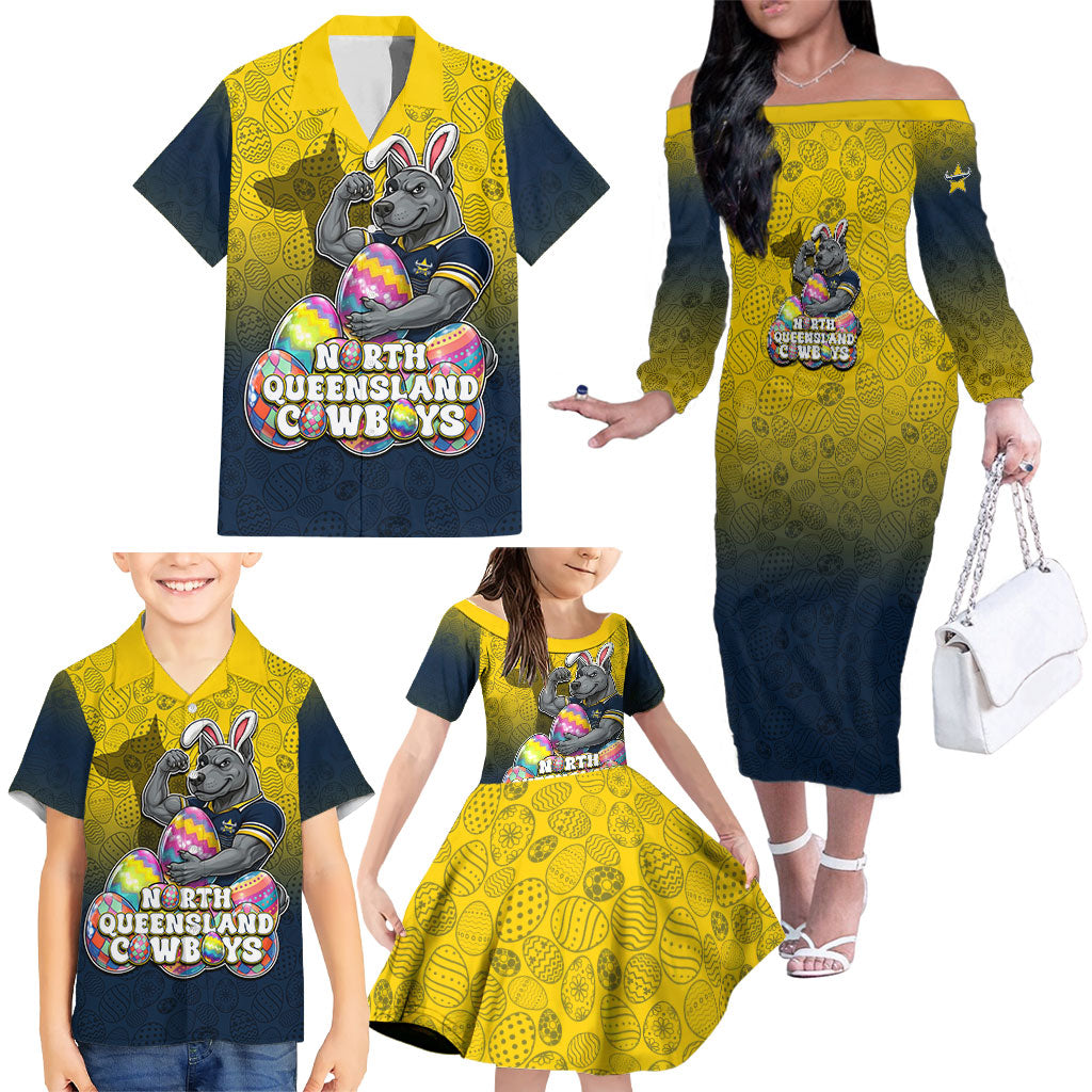 Personalized North Queensland Cowboys Family Matching Off The Shoulder Long Sleeve Dress and Hawaiian Shirt Easter Mascot - Colorful Eggs Cartoon Style