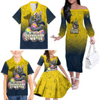 Personalized North Queensland Cowboys Family Matching Off The Shoulder Long Sleeve Dress and Hawaiian Shirt Easter Mascot - Colorful Eggs Cartoon Style